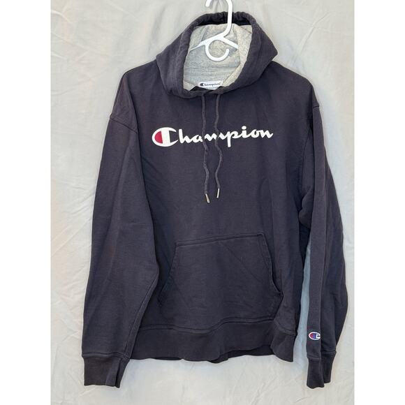 Champion Sweatshirt Mens L Navy Blue Hoodie Spellout Chest C Logo Sweater Hood - Picture 1 of 9